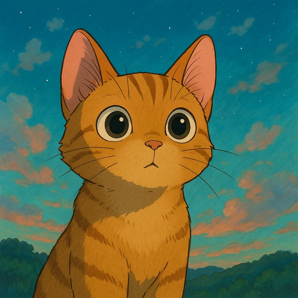 a curious cat with big eyes and a dreamy background in Ghibli style emoji