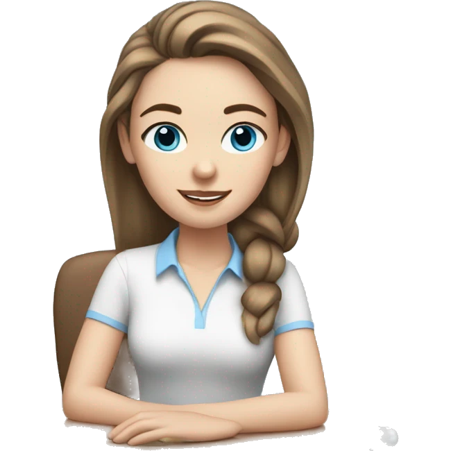 white girl at desk, brown hair, ponytail, blue eyes, computer, airpods emoji