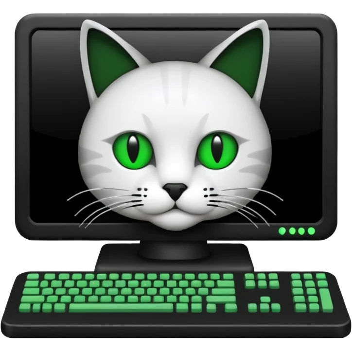 mac os icon code computer retro terminal, black, green white, cat draw as ASCII code inside the terminal emoji