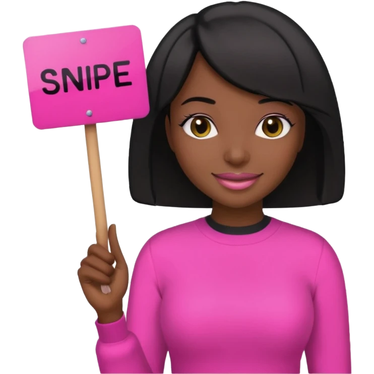 Dark skin woman with black bob in hair holding sign that says snipe  wearing pink outfit  emoji