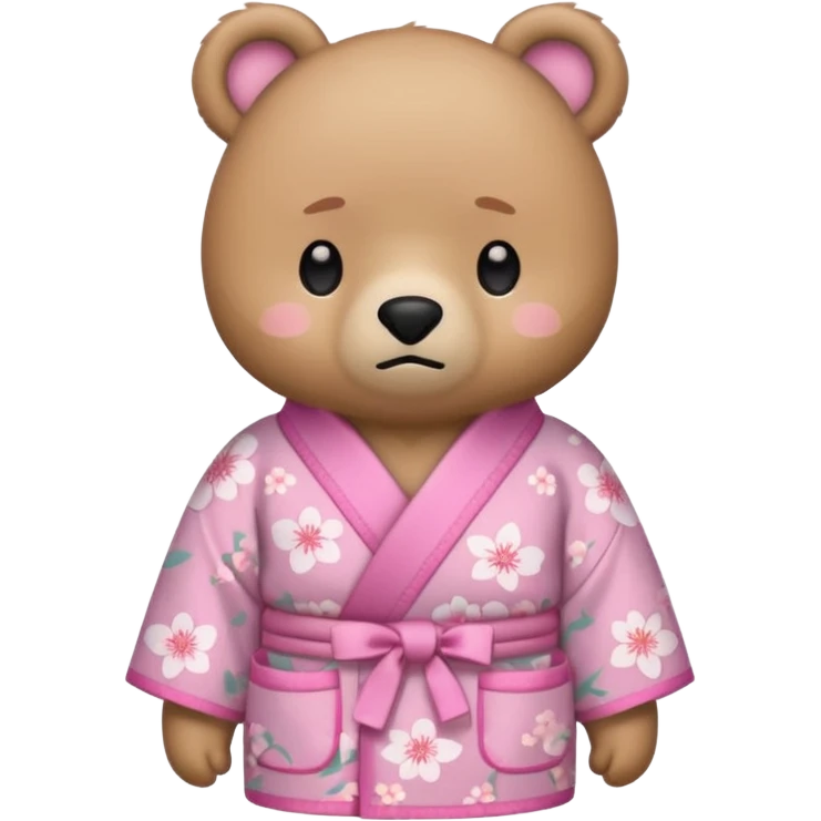 A cute light-brown bear wearing a pastel pink sakura-patterned kimono, normal balanced body ratio.  
Pulling out both empty pockets with a sad and embarrassed expression, small sigh lines.  
Kawaii emoji style, minimalistic clean sticker illustration, white background. emoji
