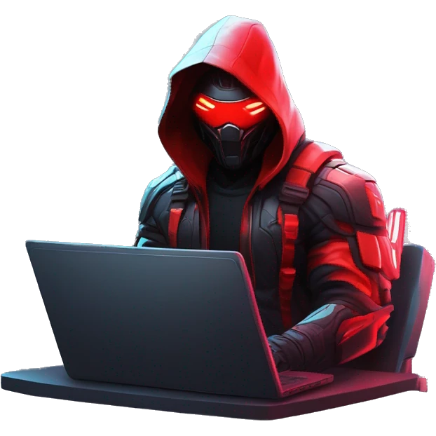 developer behind his laptop with this style : crysis Cyberpunk Riot Games Valorant neon glowing bright red character red dark black hooded assassin themed character emoji