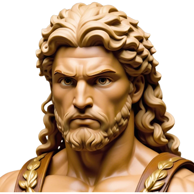 Cinematic Realistic Barbarian Hercules Portrait, depicted as a fierce Greek hero with the chiseled features of Michelangelo's David. His light tan, sculpted skin glows with timeless strength, and his thick, curly, golden brown hair cascades in wild, untamed curls reminiscent of a warrior’s mane. Instead of a flowing white robe with golden accents and a laurel wreath, he wears rugged, weathered leather and fur garments—a tattered, fur-trimmed cloak draped over broad shoulders and a simple circlet forged from iron and bone. His intense, determined eyes exude savage nobility, all rendered under dynamic natural lighting with a mythic, raw, radiant glow. emoji