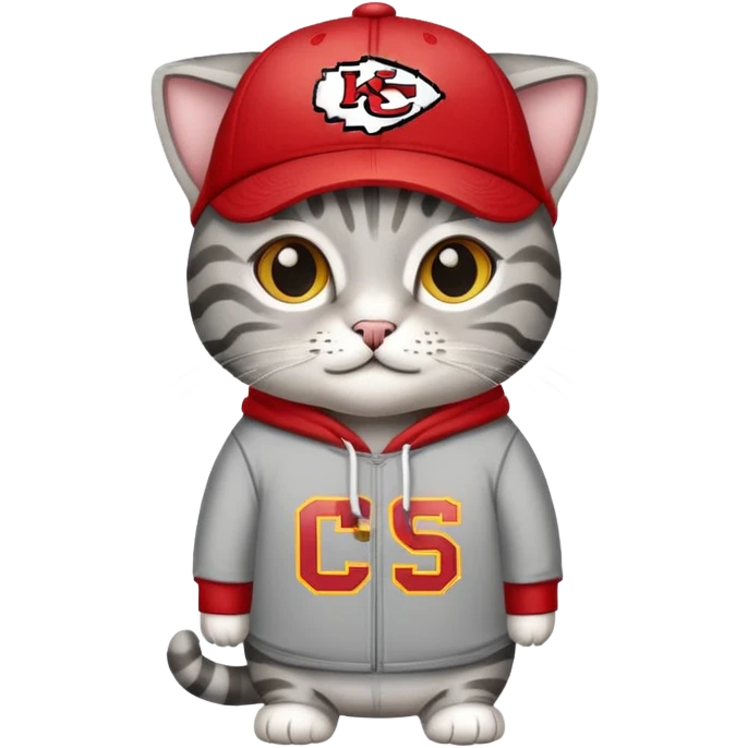 Grey tabby cat wearing KC chiefs hoodie and chiefs ball cap emoji