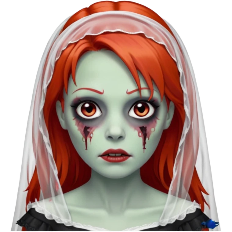 девушка зомби невеста с фатой, с рыжими прямыми волосами по плечи, с черными макияжем глаз, тонкими бровями, в стиле Apple avatar emoji