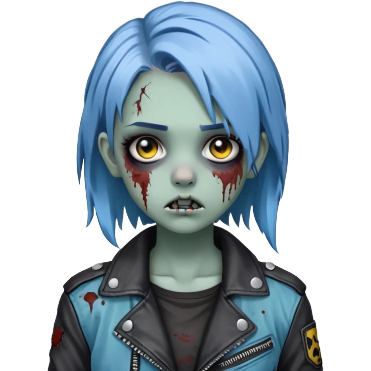 zombie teen girl with ashy blue hair, eye color black, grunge style or leather jacket emoji emoji