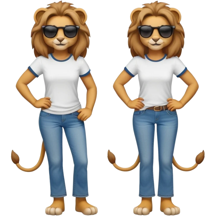 friendly anthropomorphised female lion character, full body, standing confidently with arms folded, wearing jeans, a t-shirt, and dark sunglasses, with a confident smile emoji
