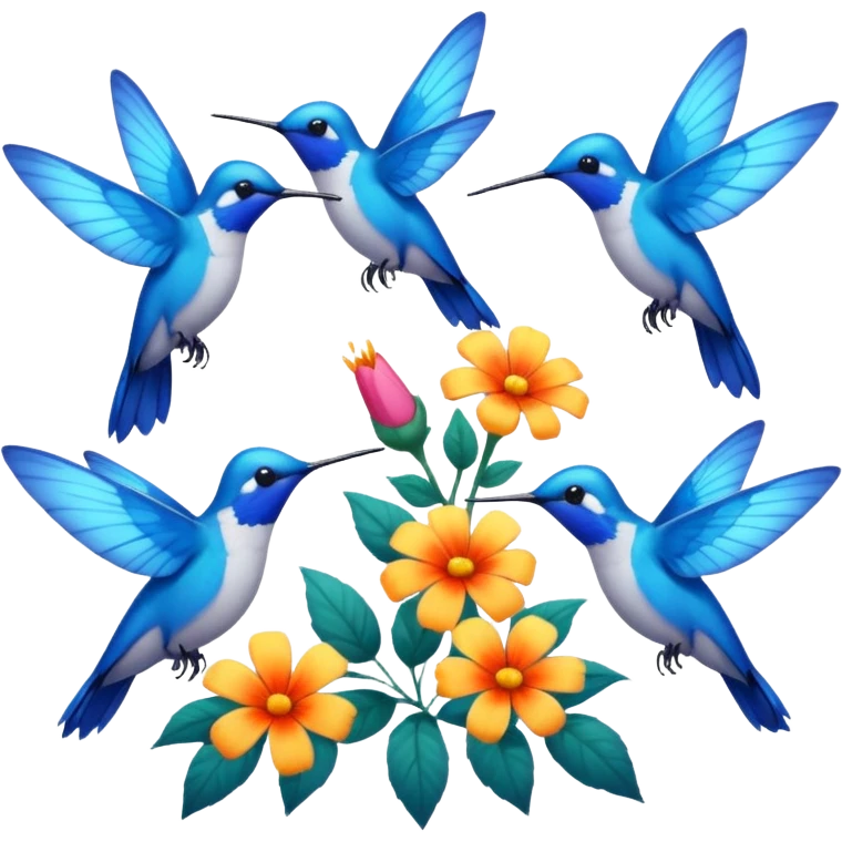 Blue butterflies,  humming birds, flowers emoji