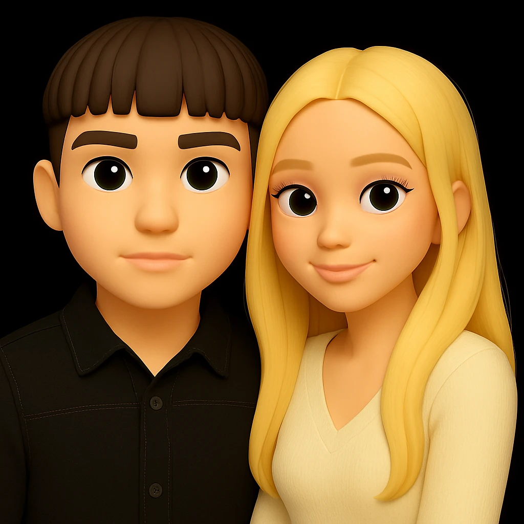 Make the guy's skin color the same as the girl's skin color in the image, keeping the overall 3d-emoji style look and feel, everything else unchanged. emoji