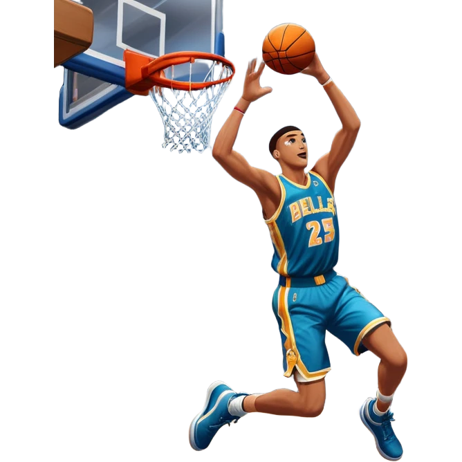 An icon showing a close-up of a basketball player in mid-air, performing an impressive dunk, inspired by NBA 2K25. The player is focused, with the ball in hand and the court in the background. Bright lights emphasize the action and excitement. Transparent background. emoji