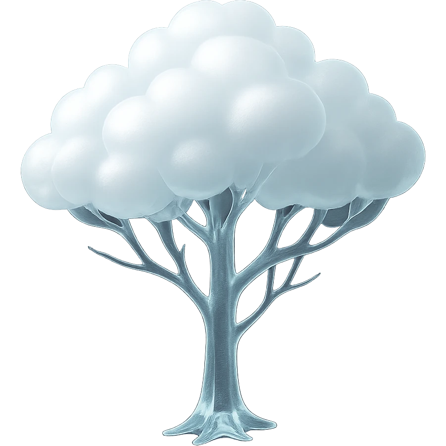 one tree with many branches and a white trunk, crown made of small very bright white fluffy convex clouds, matte glass style emoji