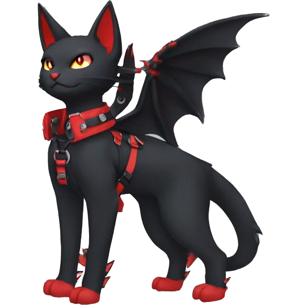cool edgy black punk red ethereal fantasy nargacuga-bat-cat-Fakemon collar harness full body emoji