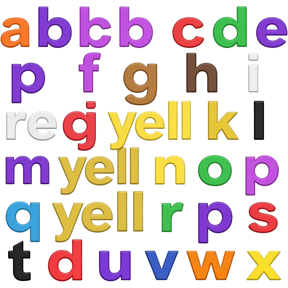 Alphabet Orange a, purple b, red c, green d, purple e, purple f, brown g, yellow h, white i, red j, yellow k, black l, purple m, yellow n, green o, purple p, blue q, yellow r, purple s, black t, red u, purple v, orange w, yellow x, emoji