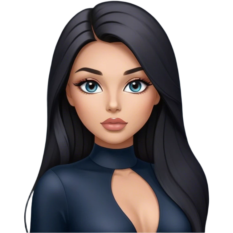 Glamours, tanned, very beautiful girl, with big pump peach-beige-rose lips, long long lashes, black straight smooth silky long hair, straight parting hair, blue-grey eyes in black long-sleeves bodysuit emoji