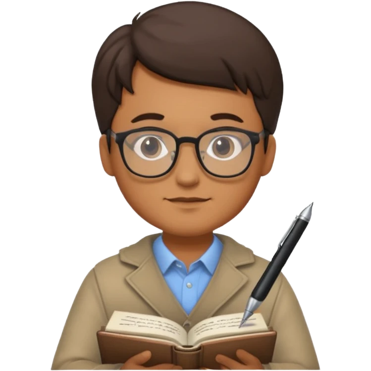 man hold a pen in hand write in book , wearing glasses emoji