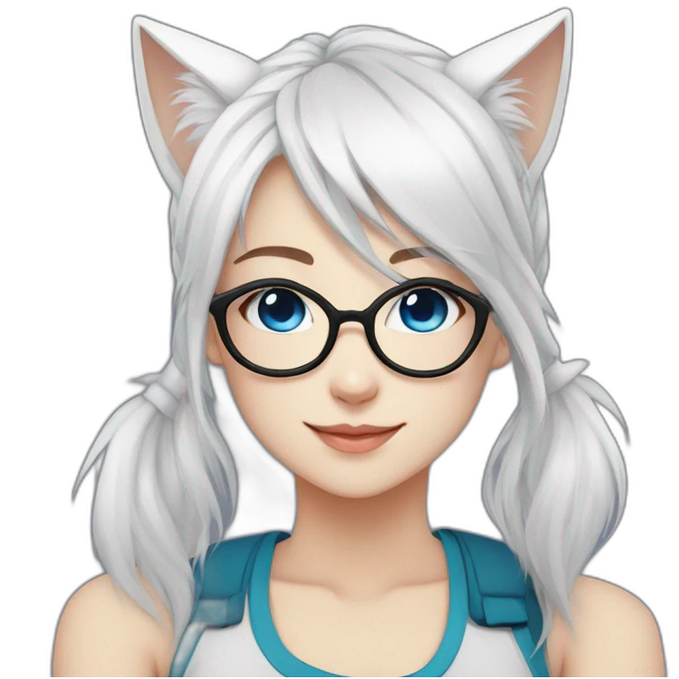 anime style white hair catgirl, black glasses, tank top, pony tail hair, blue eyes emoji