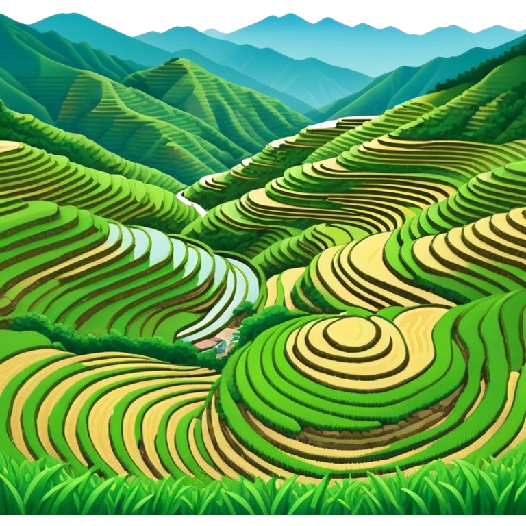 Longji Rice Terraces Guangxi curved farming terraces, simplified emoji style with bold outlines and bright colors, cartoon style layered green fields on mountain emoji