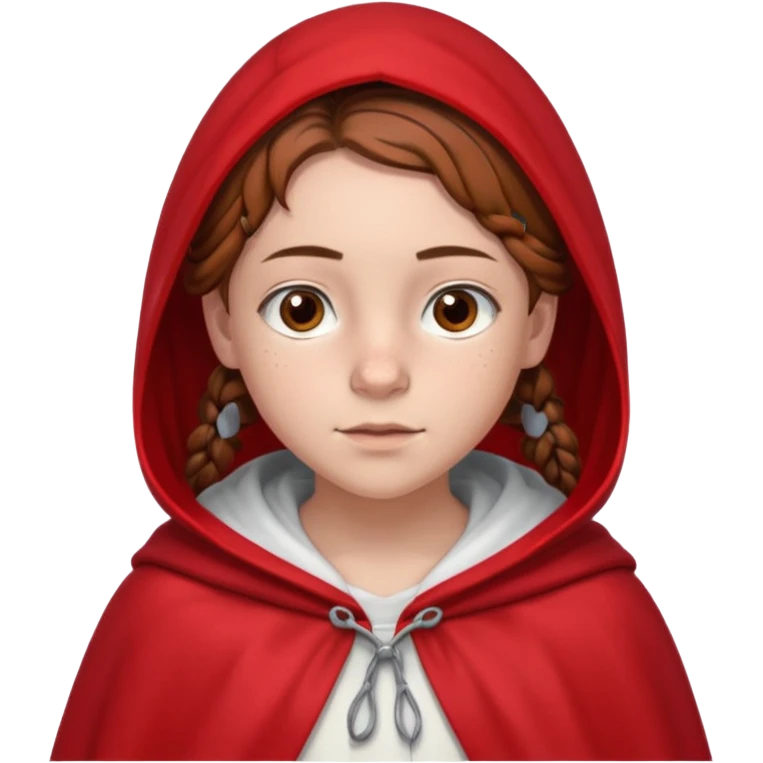 a 12 year old girl with fair skin, freckles, and brown hair done in French braids that come down to her breasts. she has a red hooded cape with the hood drawn. she has big, brown eyes and normal eyebrows emoji
