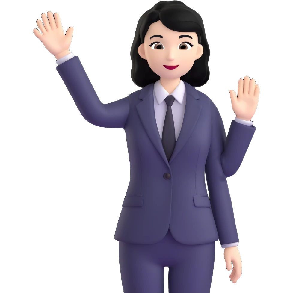 white woman with black hair in a suit, waving emoji