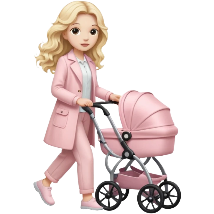 A white girl with long blonde wavy hair in pale pink clothes walks with a stroller emoji