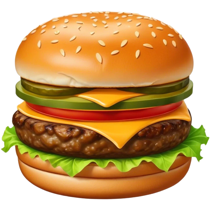 Cinematic juicy cheeseburger, perfectly grilled patty, melted cheese, crisp lettuce, tomatoes, and pickles, soft sesame seed bun, glossy and rich, warm glowing background, ultra-detailed and appetizing. emoji