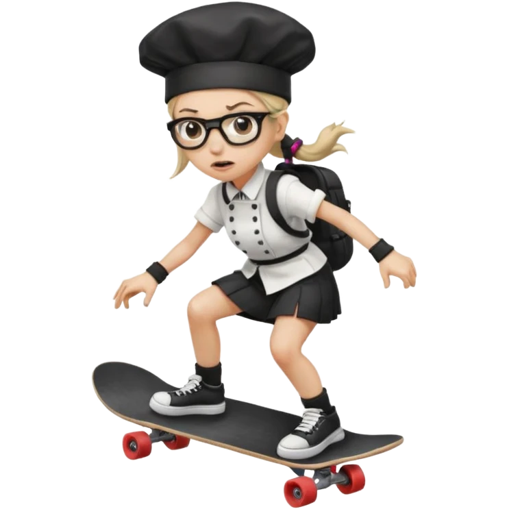 ["An angry woman with light skin, ponytail, wearing a chef hat and square glasses, dressed in goth fashion, is skateboarding while holding a backpack."] emoji