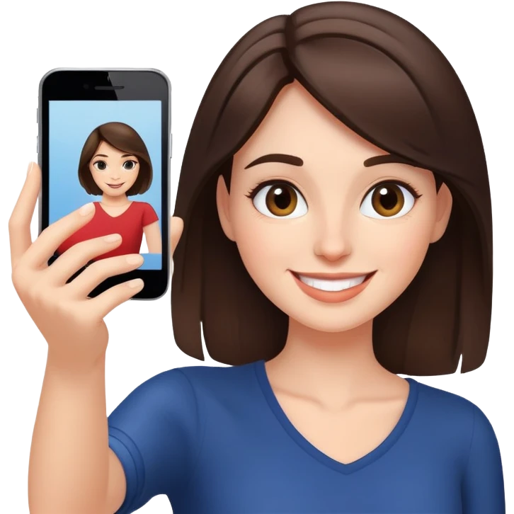 Brunette woman smiling while taking a selfie emoji
