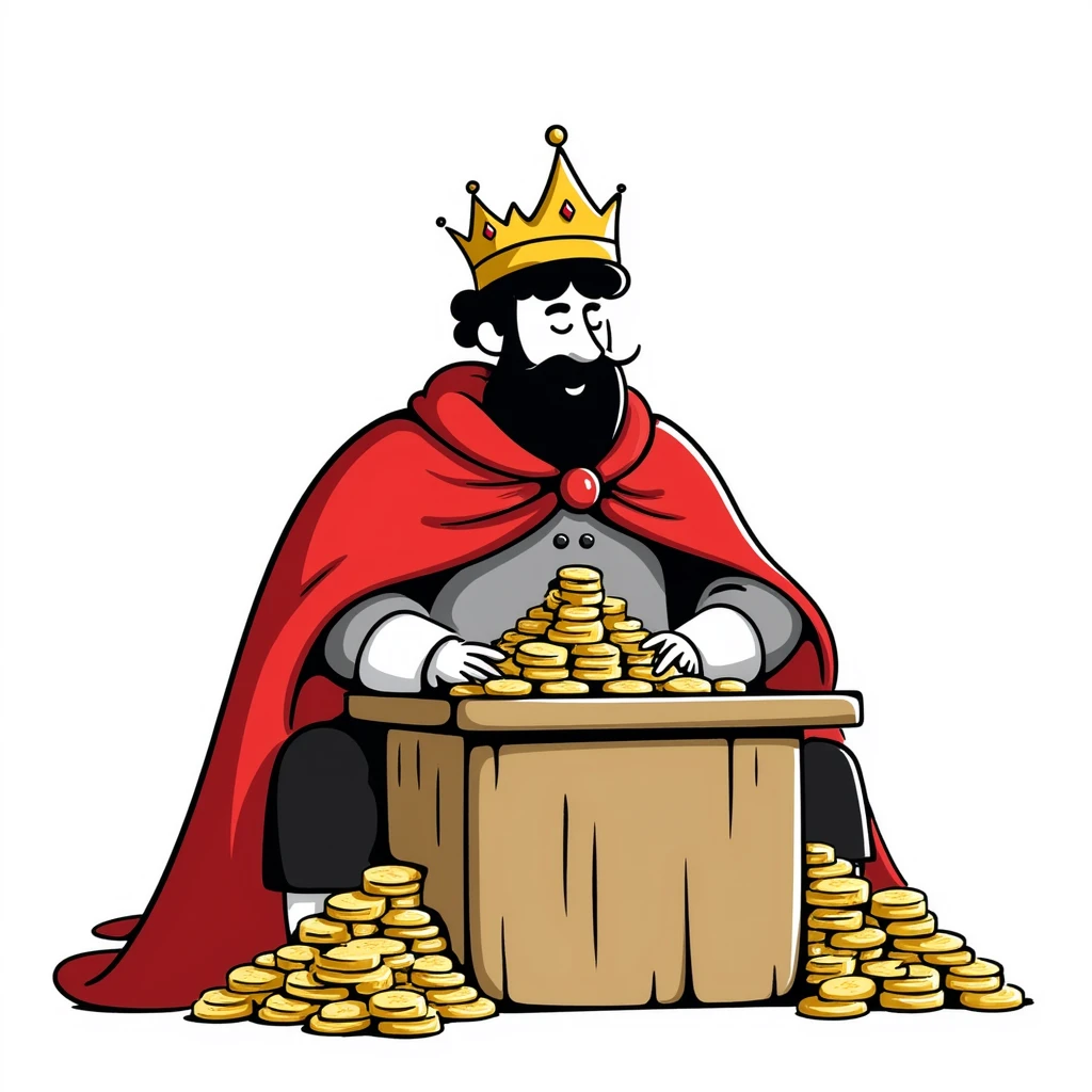 Fantasy merchant king with red cape and crown, counting gold coins, DnD style character emoji