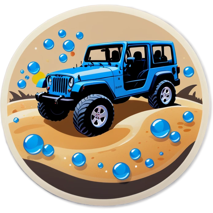 Blue jeeps on sand with bubbles emoji