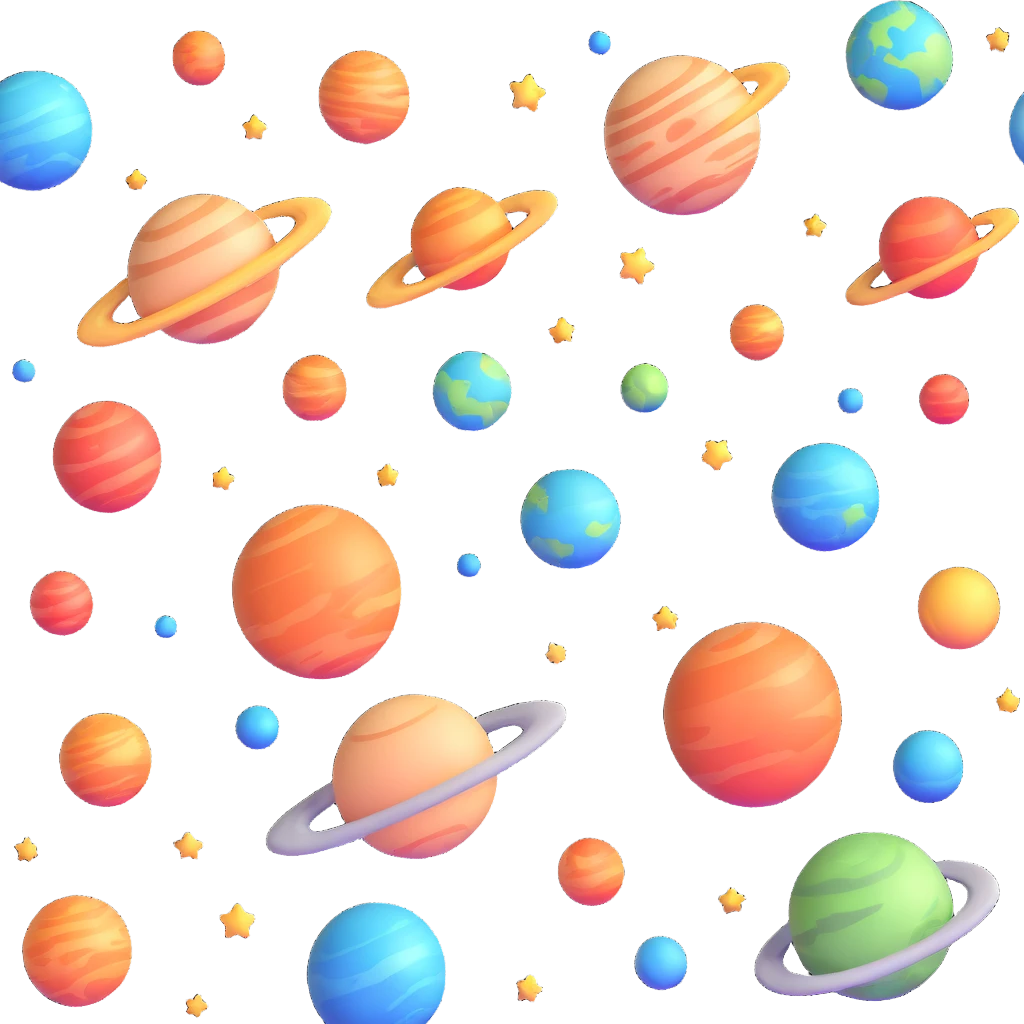 Colorful planets and stars floating in space, white background, bright colors, lively atmosphere emoji