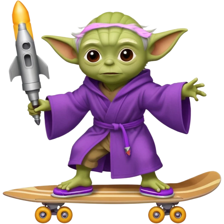 yoda in a purple robe using a rocket as a skate emoji