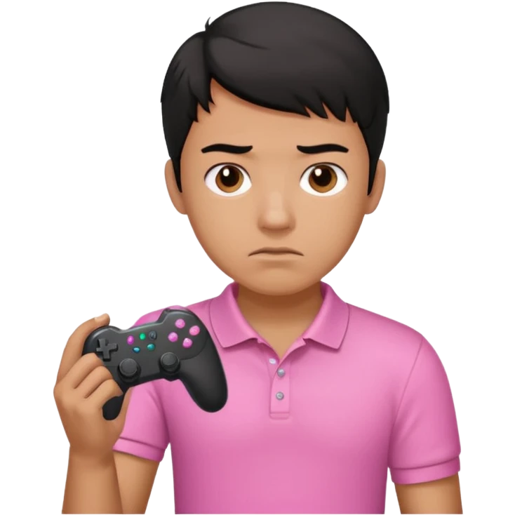 generate a pretty tan bratz boy with a pink polo. Holding a gaming controller in hand. Black hair.looking sad emoji