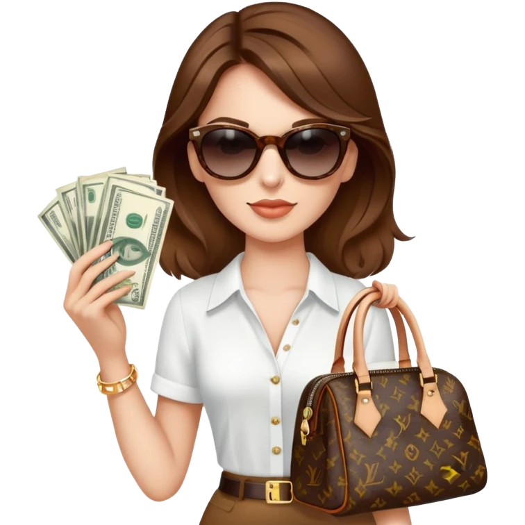 Old money women with sunglasses and brown hair and Luis Vuitton bag and lots of money  emoji