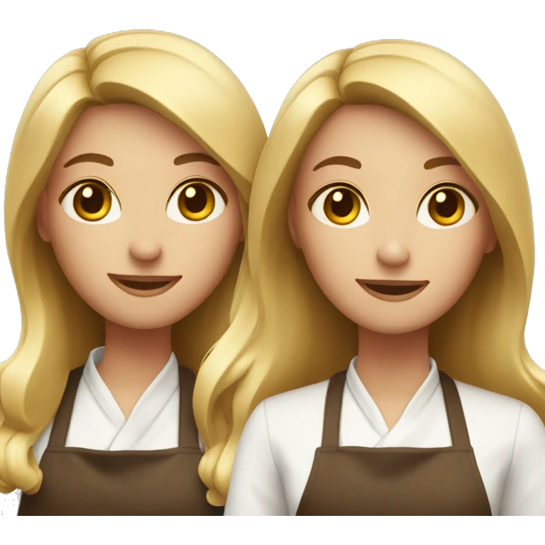 Two female cooks for a logo. The first one has long chocolate brown straight hair. The second one has long blonde wavy hair. emoji