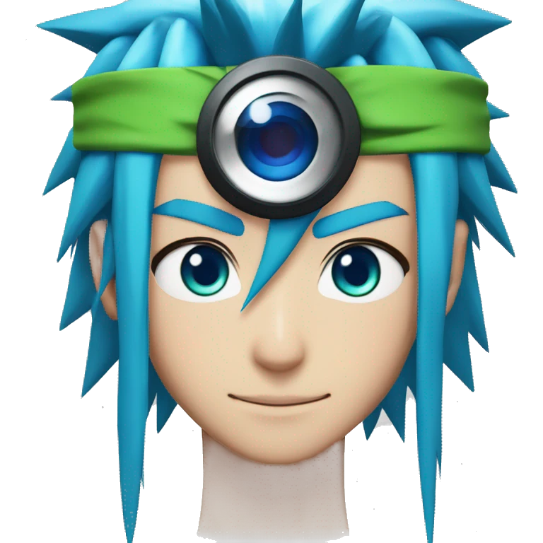 naruto character with extreme long bright blue hair, head band and green sharingan eyes emoji