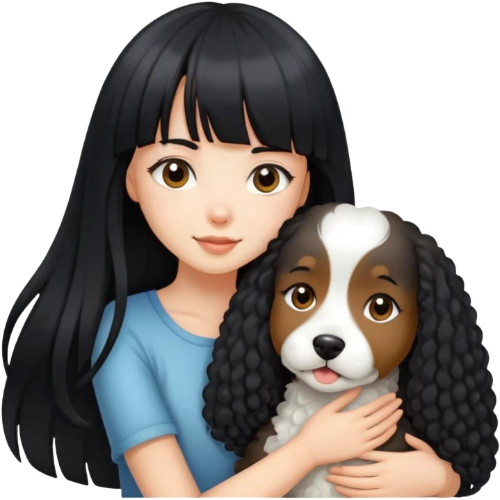 A beautiful girl with long black straight hair and bangs hugs a curly-haired dog emoji