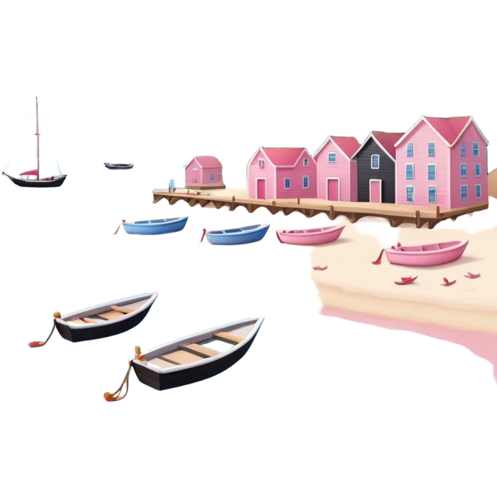 calm summery harbor scene with small boats, wooden docks, gentle pink waves, sandy beach, no cranes or industrial features, only pink shades, soft shadows, rounded edges, in Apple iOS emoji style emoji