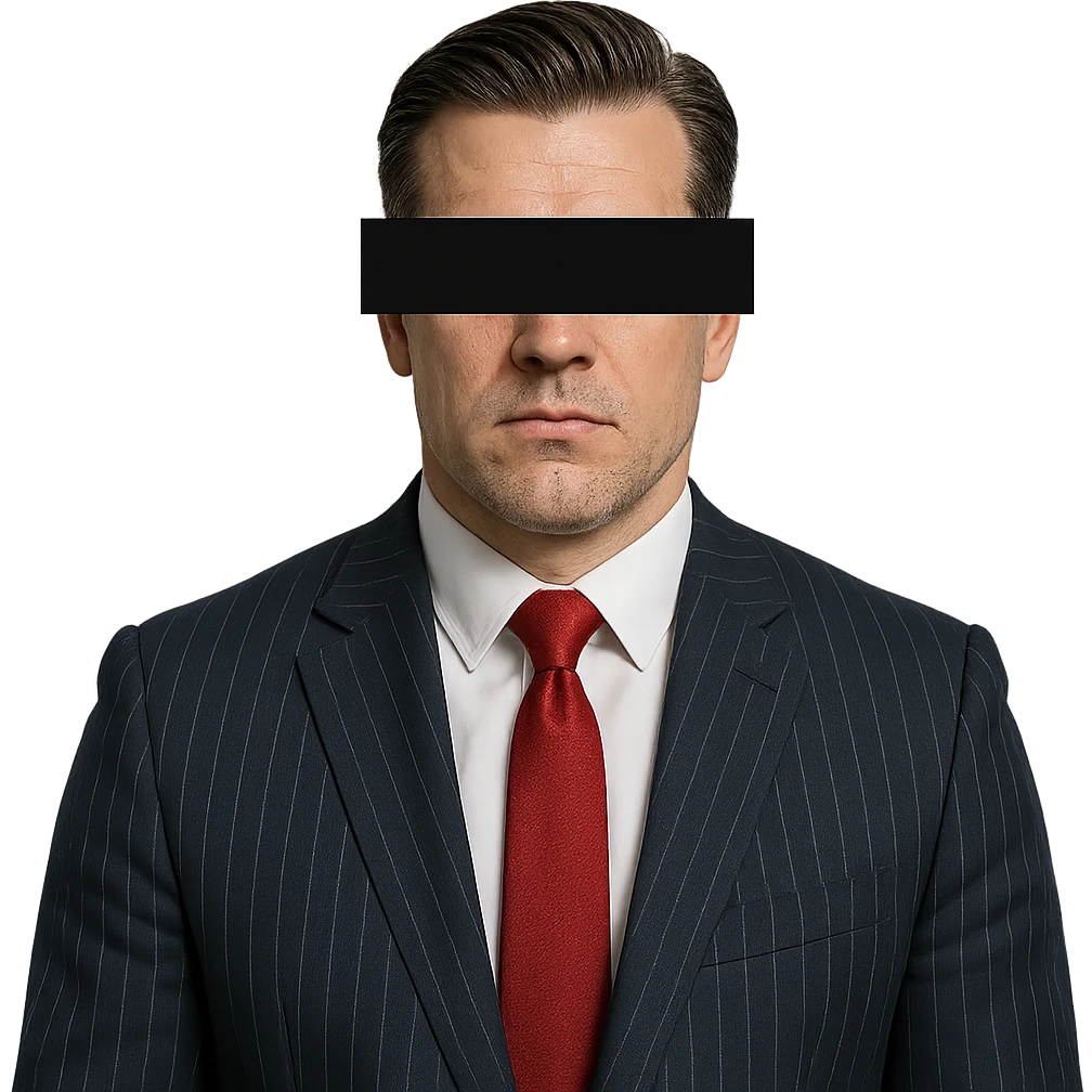 solid man 35-40 years old, dark blue suit with white stripes, red tie, slicked-back hairstyle, black rectangle with eyes covering part of face emoji