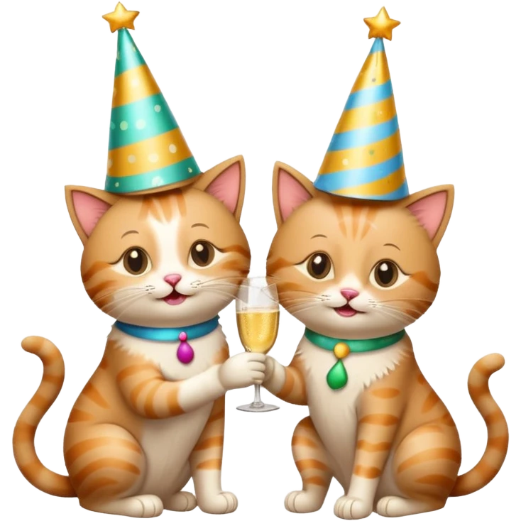 2 happy cats drinking champagne wearing party hats emoji
