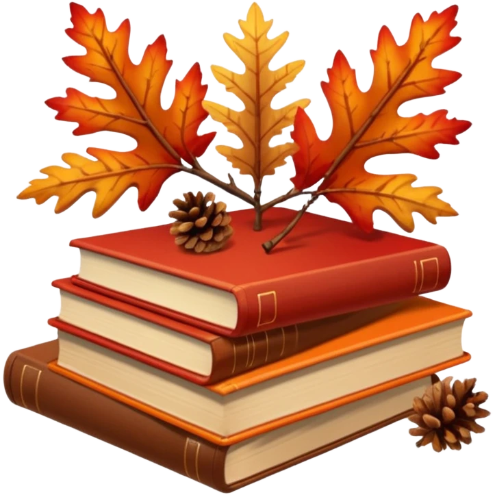3 Red-orange-yellow-brown-gradients autumn leaves, pinecones, nuts, sticks, twigs, books emoji