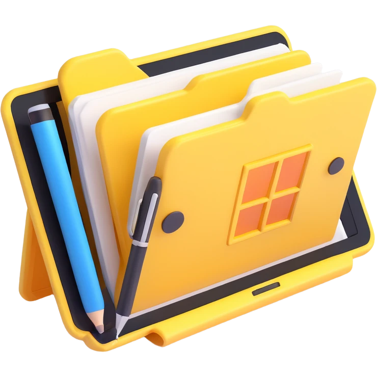 yellow Windows folder icon with a digital tablet and stylus overlay, symbolizing creative freelance work and project organization emoji