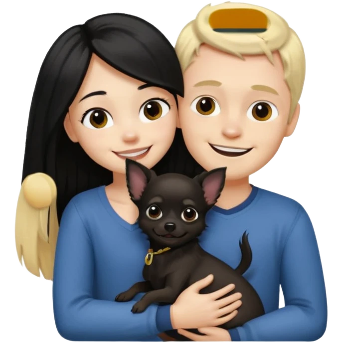 Hombre con pelo largo rubio chica de pelo negro  oscuro  y chihuahua negro amor emoji