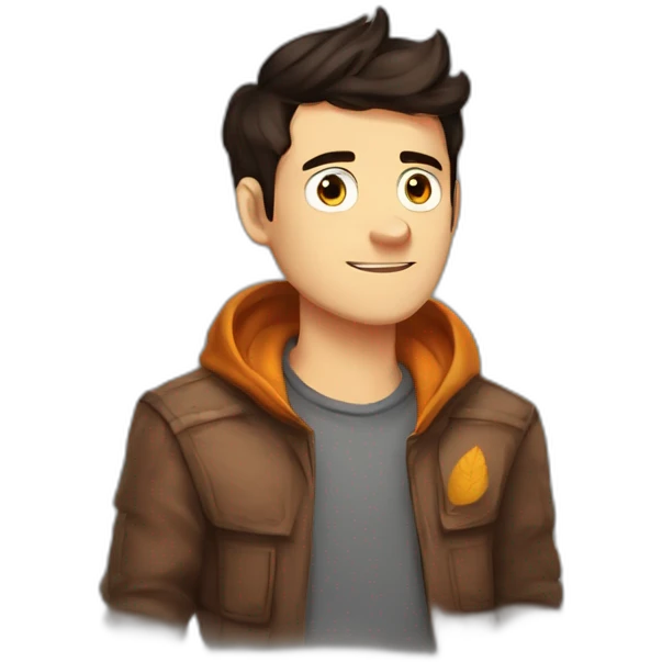 drawn character in the style of gravity falls, guy, dark hair, gray eyes, autumn entourage, yellow-orange leaves, portrait, sweater, avatar for social networks, forest in the background emoji