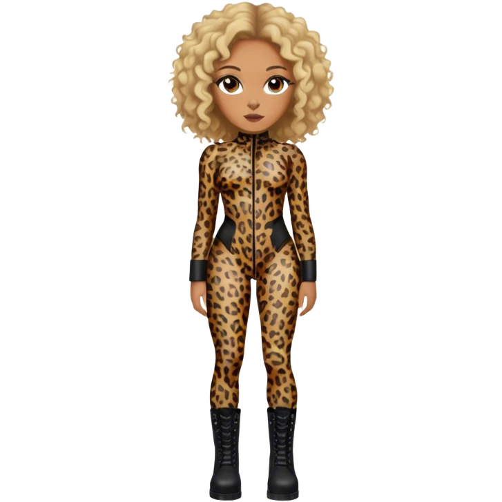 Melanie Brown with brown curls and blonde highlights wearing a tight leopard print two piece bodysuit and black combat boots emoji