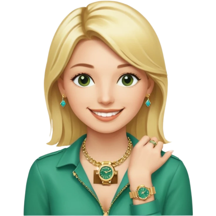 Breitling green faced watch on blonde girl wrist with gold necklace from a Tiffany and gold bracelets emoji