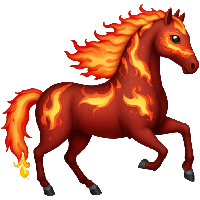 A red fast horse made of embers, magma, and visible lava, with flames burning around it and ash particles floating emoji