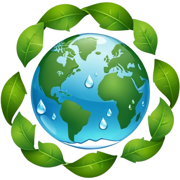 An icon featuring a globe with green leaves, a recycling symbol, and a water droplet, symbolizing ecology. The design includes trees, animals, and renewable energy icons, representing the study of ecosystems, environmental protection, and sustainability. Transparent background emoji