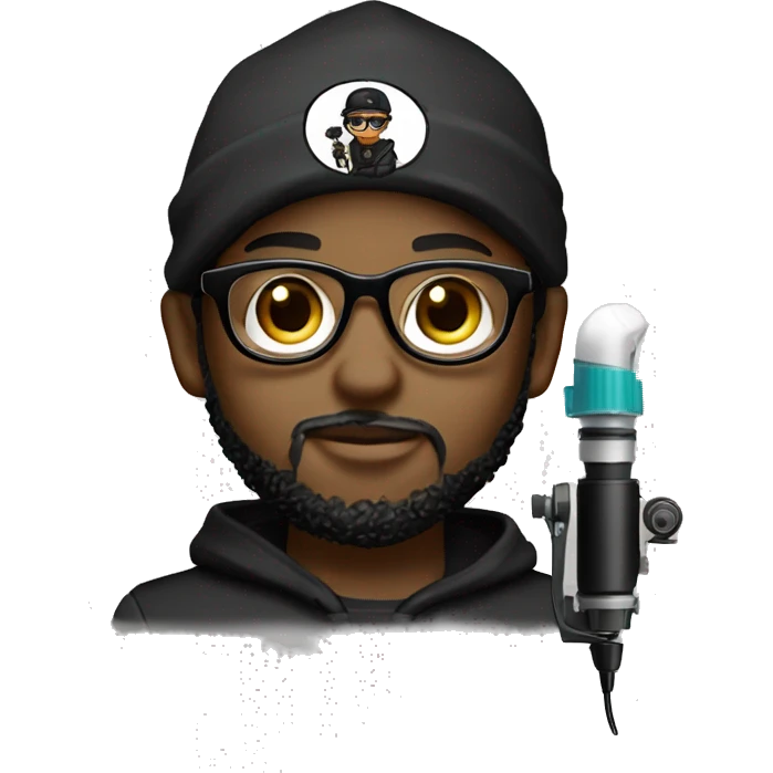 black cap, hoodie, and glasses boy with beard holding tattoo machine emoji