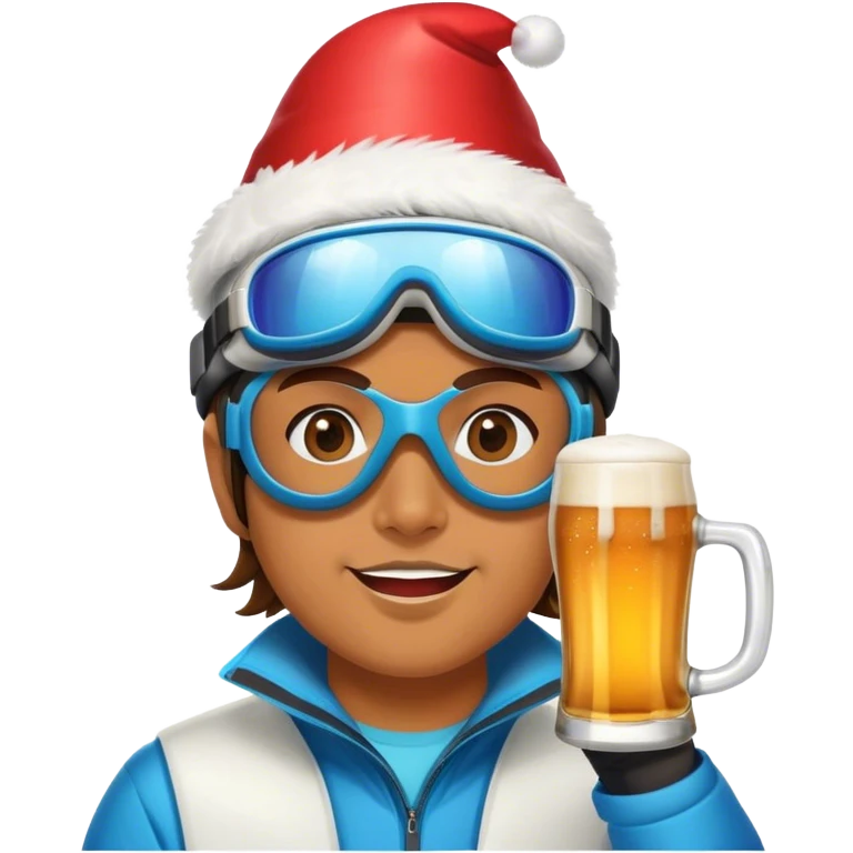 After-ski, a skier, wearing modern skiing goggles, drinking beer. Party emoji