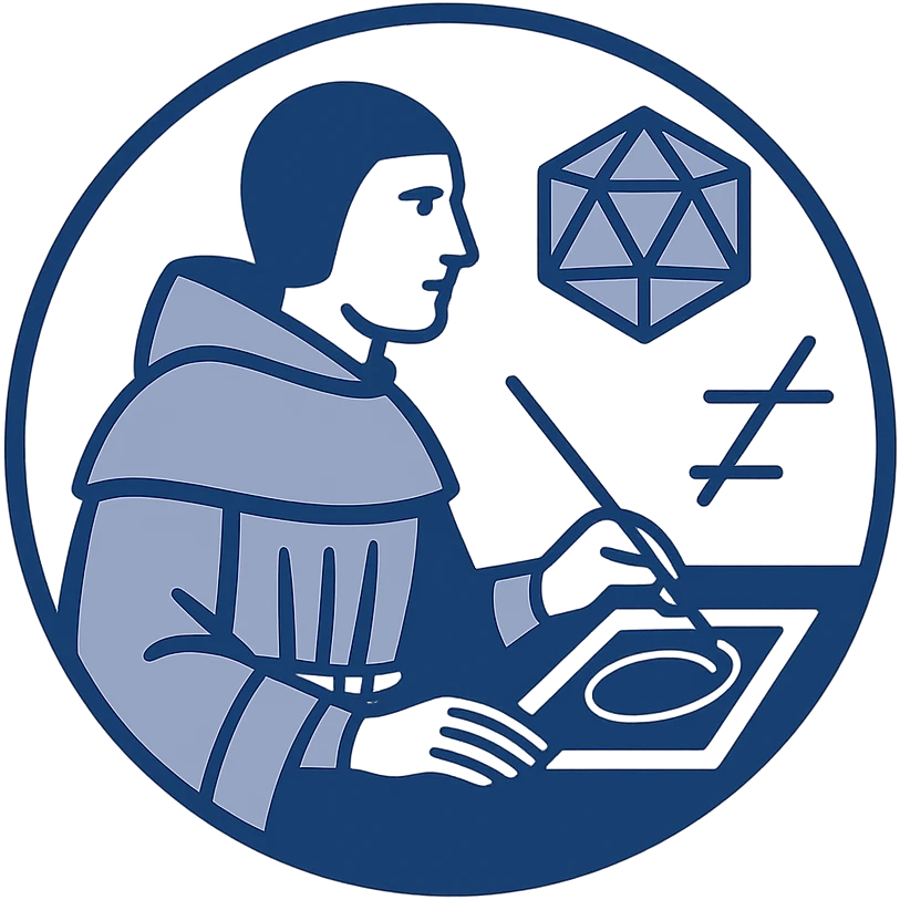 Design a minimalist flat logo based on Luca Pacioli, highlighting geometric and mathematical motifs from the painting, without the tool to his right. Use a circular composition and blue color scheme. emoji